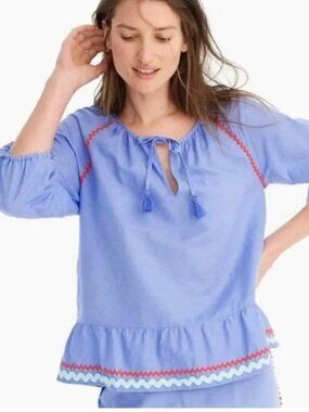 J. Crew blue/red linen cotton blend ric rac ruffled tie neck blouse size small